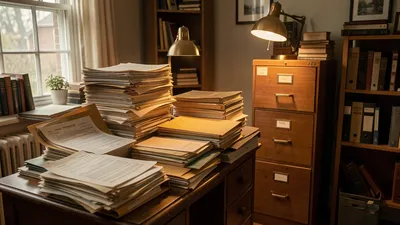 A stack of old papers and a filing cabinet in a Chardon home office. Warm, nostalgic, slightly cluttered.