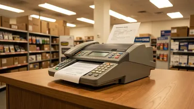 A classic fax machine on a wooden counter, a document feeding through. Warm store lighting, clean.
