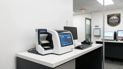 A professional fingerprinting station with a Live Scan machine. Clean, bright, official setting.