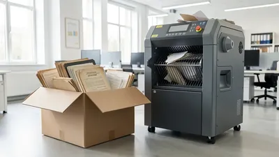A cardboard box of old papers next to a professional industrial shredder. Clean, secure, bright.