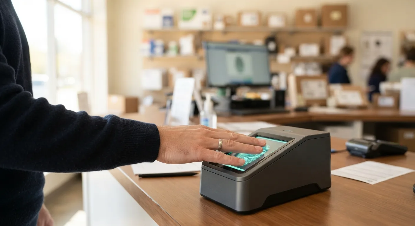 A clean digital fingerprinting station with an electronic Live Scan scanner on a bright counter.