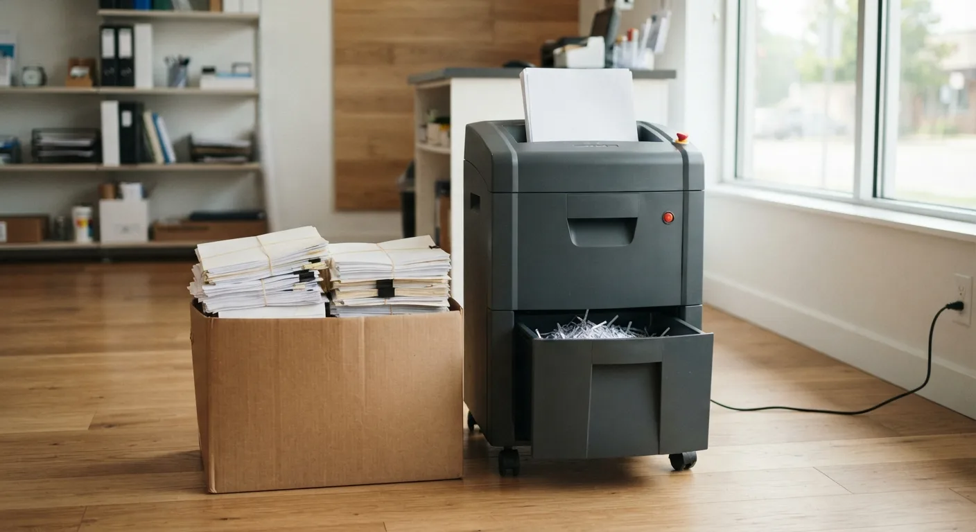 A cardboard box of old papers next to a professional industrial shredder. Clean, secure, bright lighting.