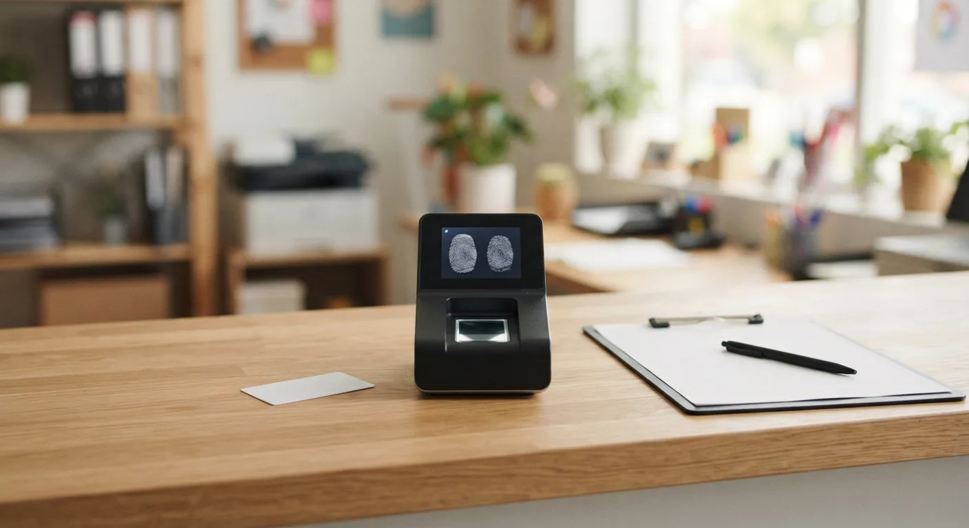A clean, bright fingerprinting station with a digital Live Scan scanner on a professional counter — Mailbox Plus document services near Eastlake, OH.