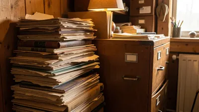 A stack of old papers and a filing cabinet drawer half-open