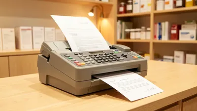 A fax machine sitting on a counter next to a stack of papers