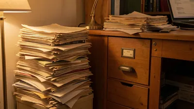 A stack of old papers next to a filing cabinet in a Kirtland Hills home office, warm slightly cluttered