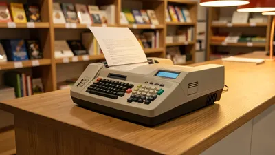 A classic fax machine on a wooden counter, a document feeding through, warm store lighting