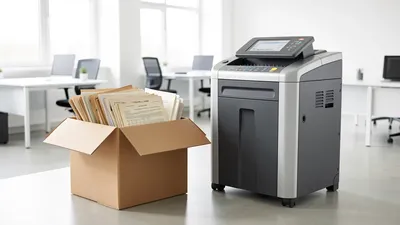 A cardboard box of old papers next to a professional industrial shredder, clean secure bright lighting
