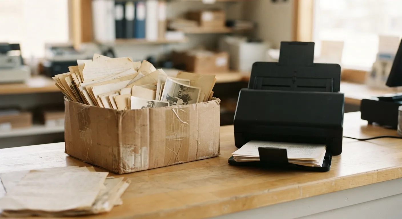 A worn cardboard box stuffed with old family paperwork on a bright store counter beside a document scanner — Mailbox Plus document scanning for Mentor, OH residents.