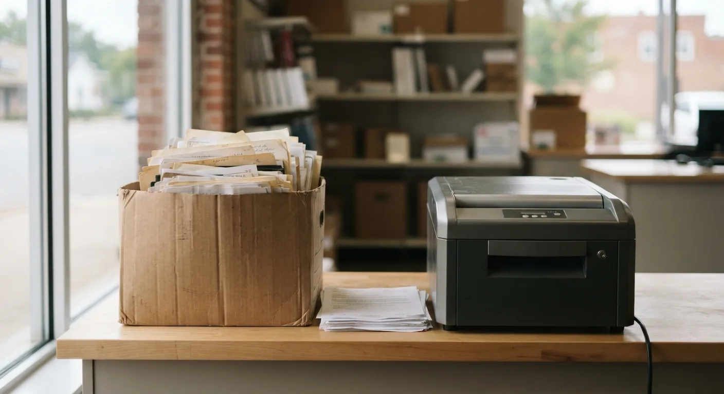 A stack of confidential papers on a counter next to an industrial shredder slot, warm clean lighting, no visible text or logos.
