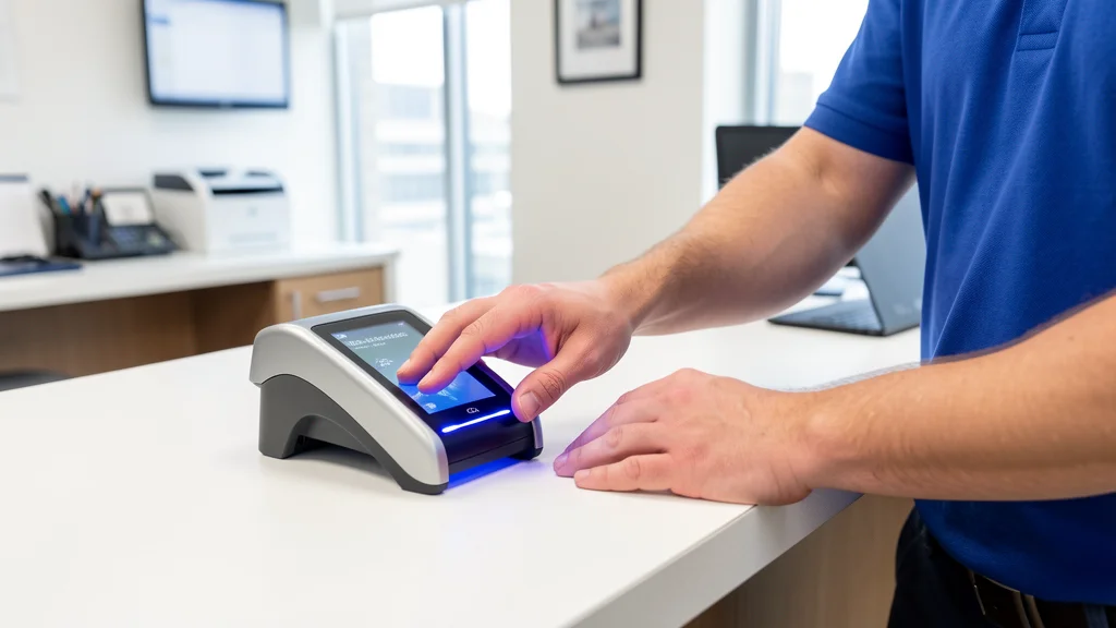 Digital fingerprint scanner on a clean counter, a hand being scanned, blue light on the scanner, professional office background