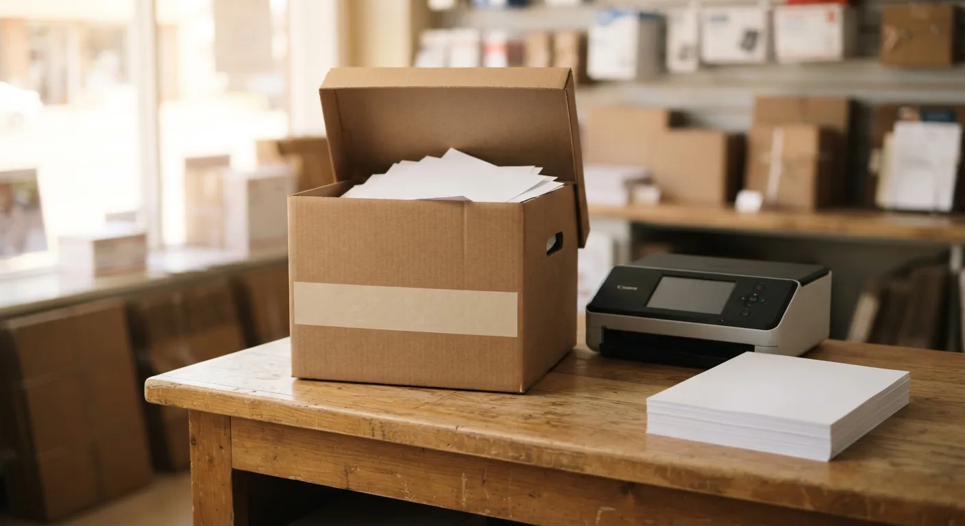 A stuffed banker's box of old paperwork on a bright store counter beside a document scanner with a sheaf of pages waiting — Mailbox Plus document scanning for Painesville, OH residents.