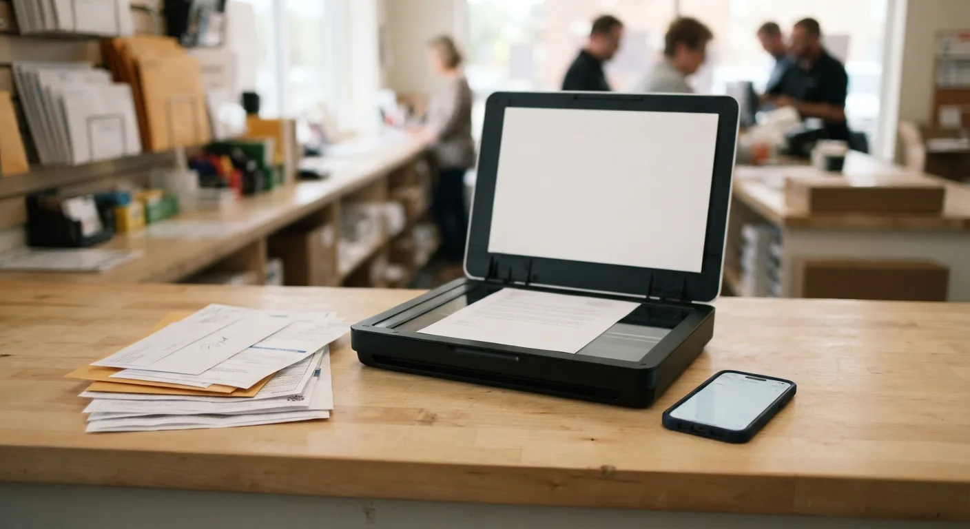 A stack of everyday paperwork on a clean counter beside a document scanner — scan and email services at Mailbox Plus in Concord Township, OH.