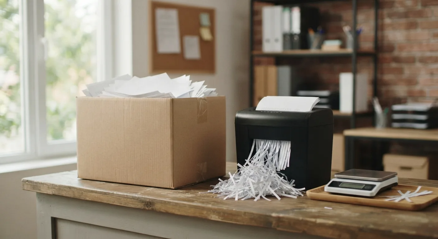 A stack of confidential papers on a store counter next to a small postal scale, ready for on-site shredding at Mailbox Plus in Concord Township, OH.