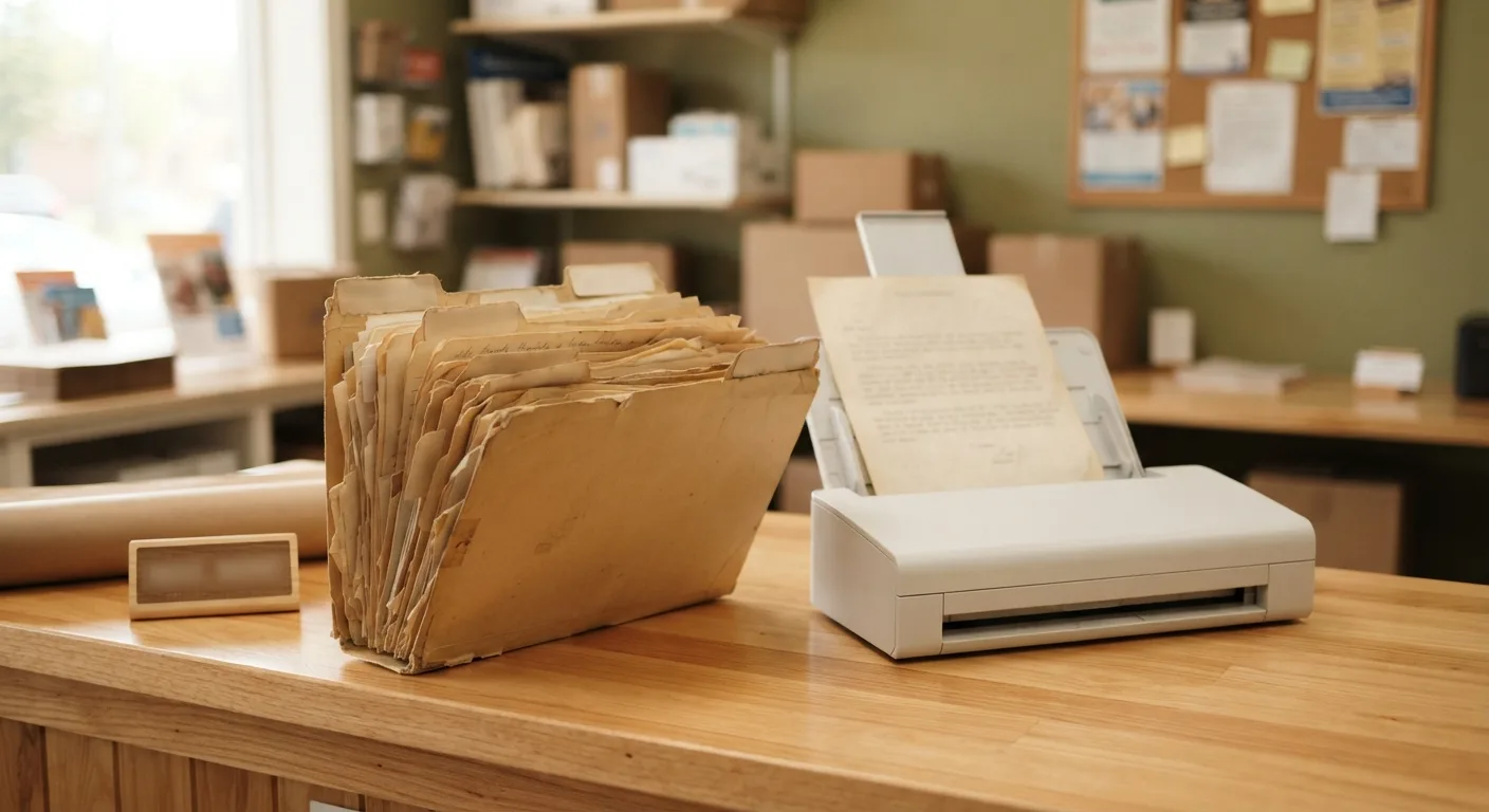 A stuffed accordion folder of aged family paperwork resting on a store counter beside a document scanner — Mailbox Plus document scanning for Willoughby, OH residents.