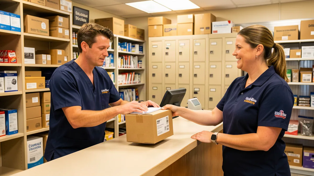 A shift worker in scrubs picking up mail and packages at the staffed counter at Mailbox Plus in Concord Township during business hours, a staff member handing over a signed-for package