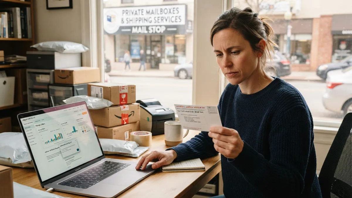 An Amazon seller at a home desk holding a verification postcard, with a private mailbox storefront visible behind them — Mailbox Plus mailbox rentals serving Lake County, OH.