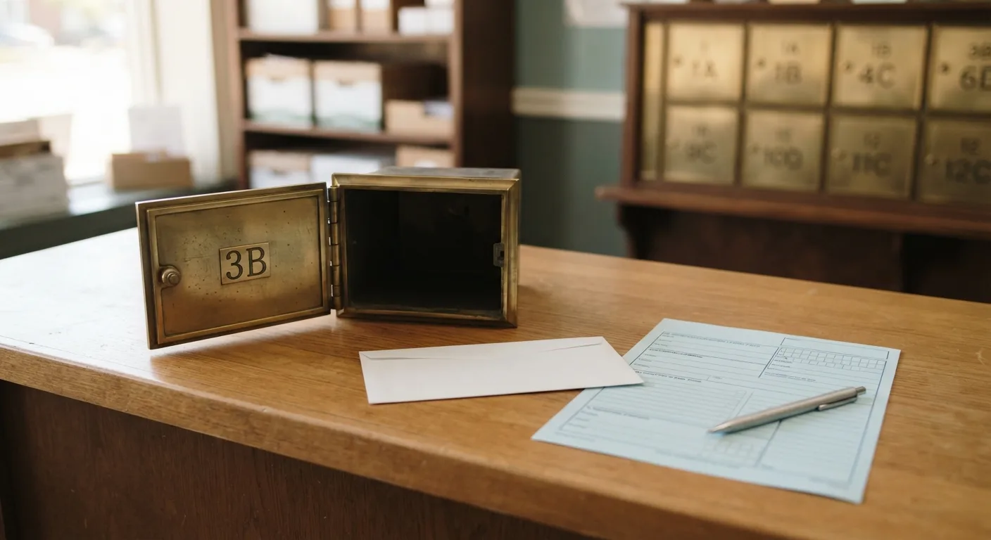 A numbered private mailbox with a brass door sitting next to an envelope with a street address written on it