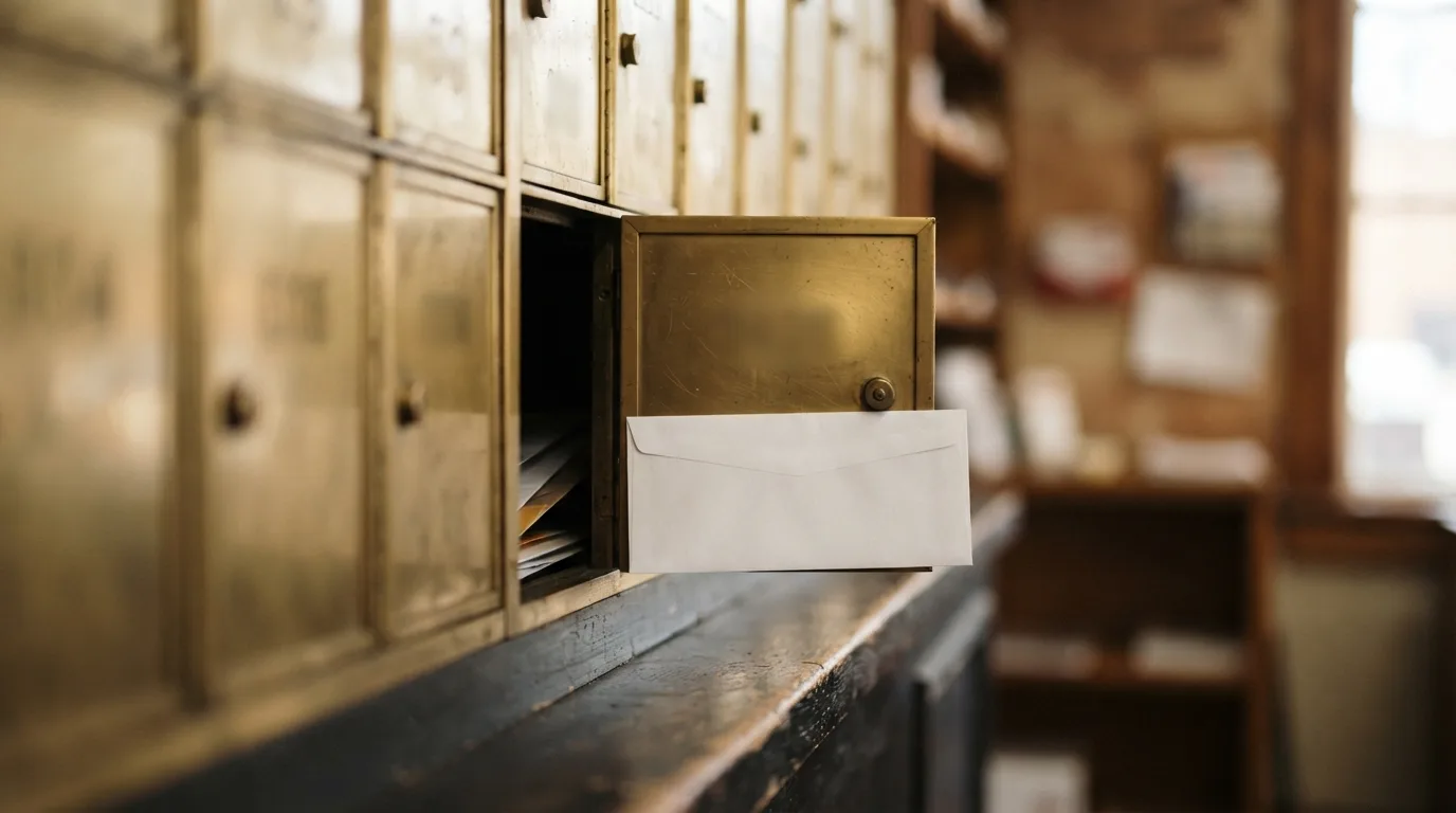 A numbered private mailbox wall with brass locks at a mail counter