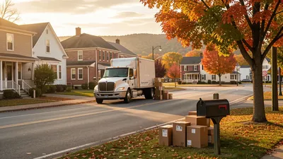 A moving truck on Route 44 near Chardon Square, moving boxes on the curb, a mailbox in the foreground. Late afternoon sun.