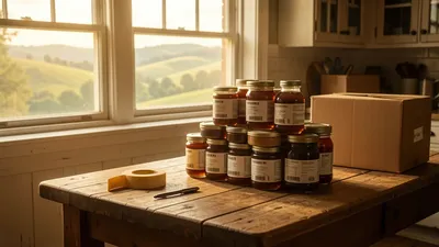 A rustic farmhouse kitchen table stacked with maple syrup jars and shipping labels. Morning light through a window overlooking Chardon hills.