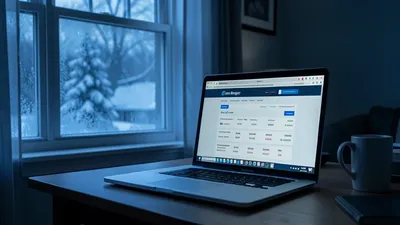 A laptop on a Chardon home desk showing a data broker website, snow visible through a frosty window. Blue evening light.