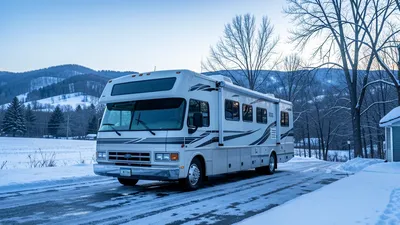 An RV parked in a Chardon driveway with snow-covered hills in the background. Blue winter light, sky clearing after a snowfall.