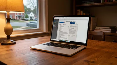 A laptop open on a desk in a Chardon home office, business documents visible, warm lamp light through a window.