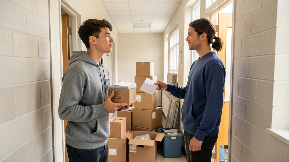 A college student moving boxes into a dorm room while a parent holds a steady stack of mail — one mailbox address that stays the same through every move — Mailbox Plus mailbox rentals in Concord Township, OH.