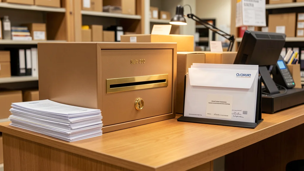 A professional business mailbox with a suite number at Mailbox Plus in Concord Township, business documents and mail visible, clean organized desk setting