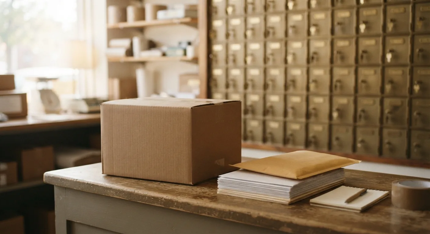 A stack of forwarded mail and a moving box on a counter at a private mailbox store in Concord Township, Ohio, with a rented mailbox door in the background.
