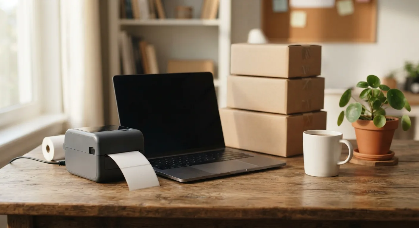 A shipping label printing from a home office printer with a storefront address instead of a home address — private mailbox rentals for online sellers in Concord Township, OH.