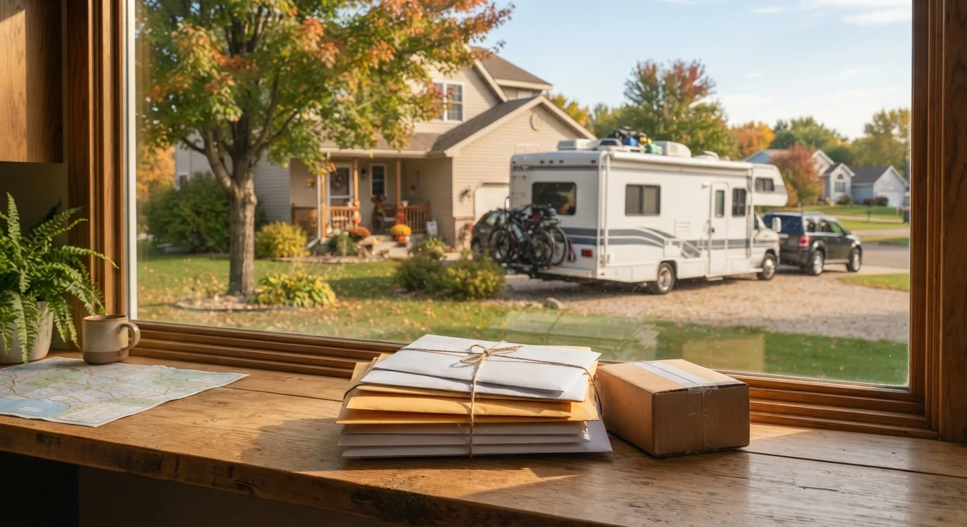 An RV hitched and packed for a long trip outside a Concord Township, Ohio home with a stack of mail on the counter — RV and snowbird mail service at Mailbox Plus in Concord Township, OH.