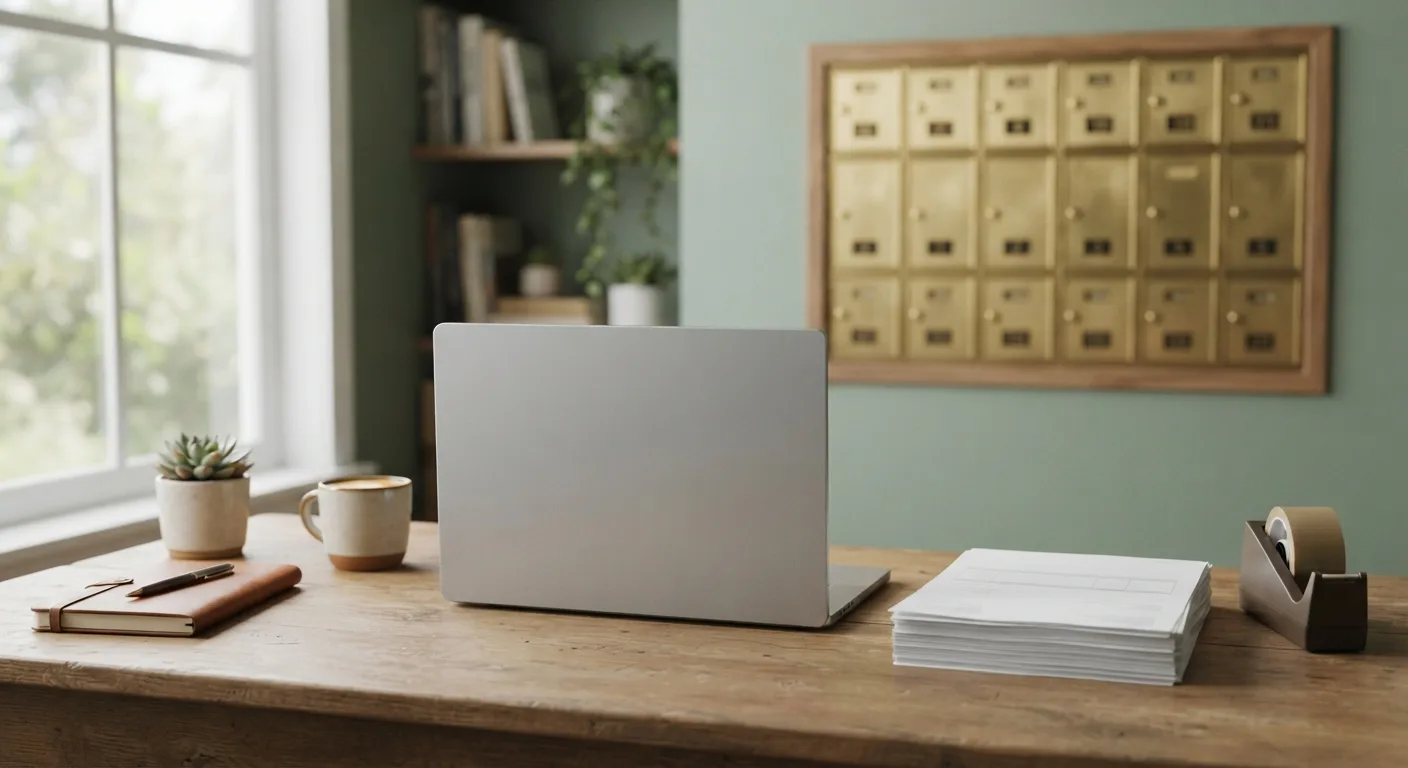A home office desk in Concord Township with a laptop, invoices, and shipping tape beside a window — with a private business mailbox at Mailbox Plus keeping the home address off every label.