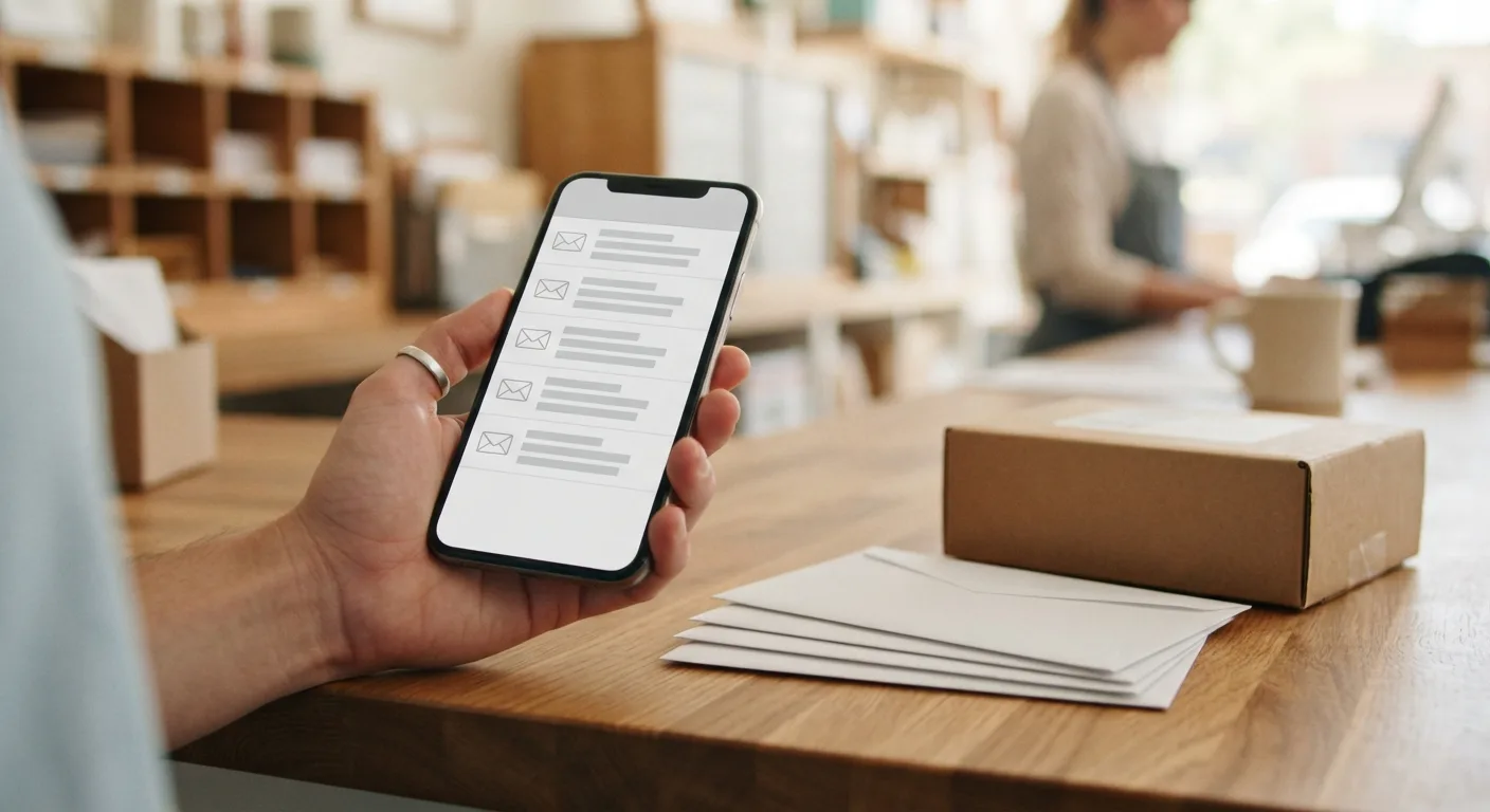 A smartphone showing a scanned envelope image in a digital mailbox app, with real postal envelopes waiting at a local store counter in Concord Township, Ohio.