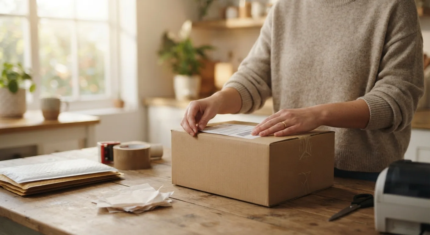 An online seller in Eastlake, Ohio packing an order at home while their mailbox stands at a storefront counter nearby — private street-address mailbox near Eastlake, OH.