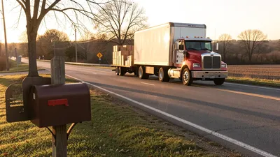 A moving truck parked in front of a Hambden Township home with boxes on the lawn
