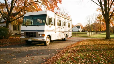 An RV parked in a Hambden driveway with autumn leaves on the ground