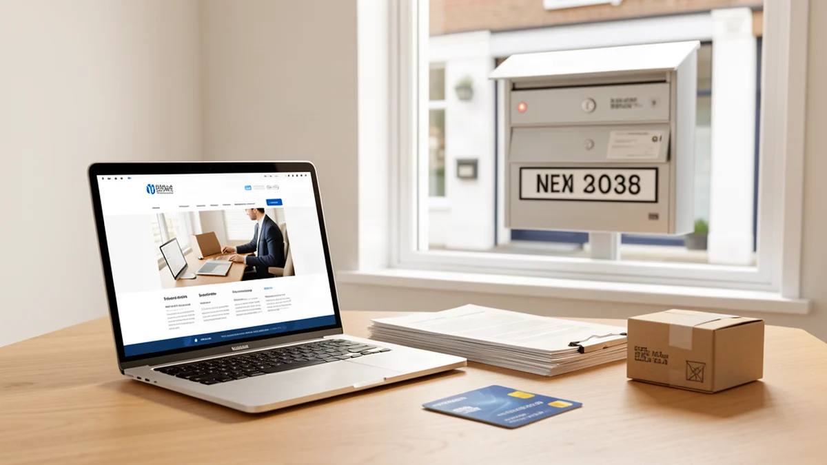 A home business owner at a desk with business documents and a bank card, with a mailbox storefront showing a real street address behind them — Mailbox Plus mailbox rentals serving Lake County, OH.