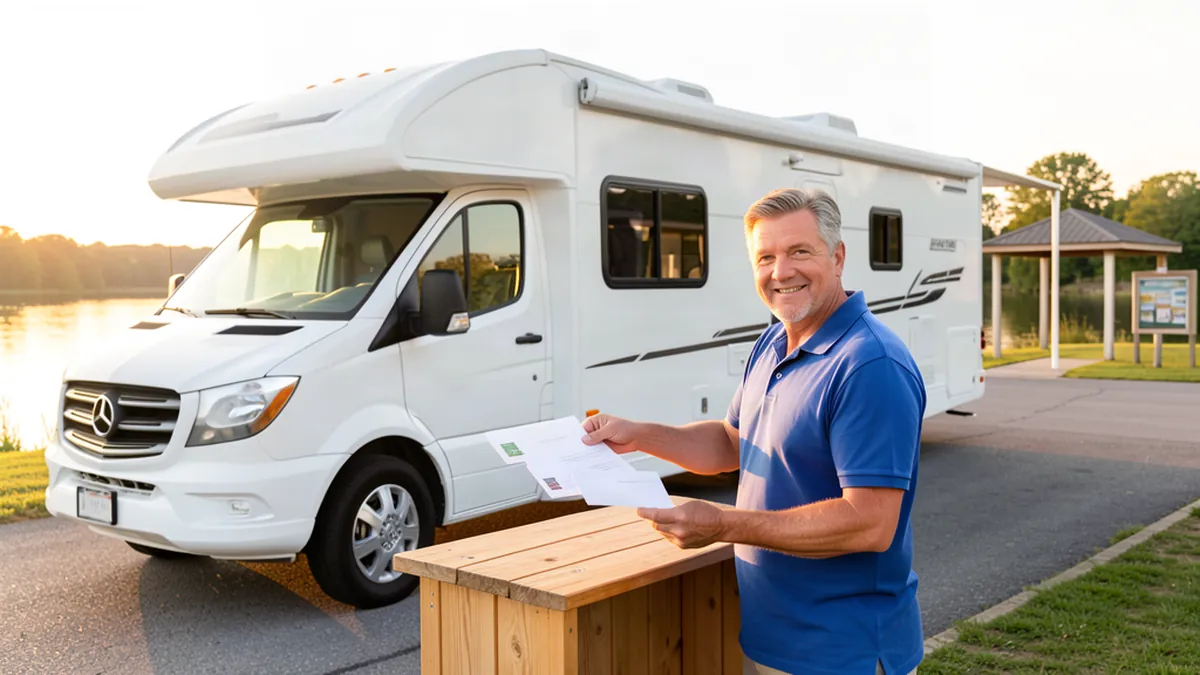 An RV parked beside a Lake Erie campground with a stack of mail and a package waiting at a small mailbox store counter — Mailbox Plus mailbox rentals serving Lake County, OH.