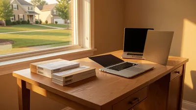 A home office near Kirtland Hills with shipping labels stacked next to a laptop, warm afternoon light through a window overlooking manicured lawns