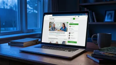 A laptop screen showing a people-search website on a Kirtland Hills home desk, blue evening light through a window