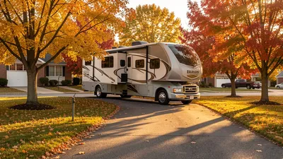 An RV in a Kirtland Hills driveway with autumn trees in the background, golden late-afternoon light, Lake County landscape