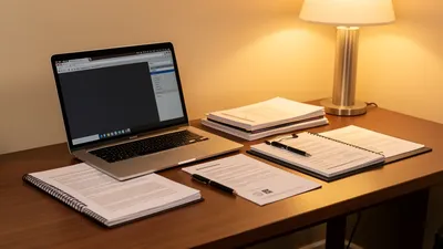 A laptop open on a clean desk in a Kirtland Hills home office, business documents neatly organized, soft lamp light