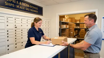 A secure mailroom counter at Mailbox Plus in Concord Township, Lake County, where a staff member signs for a delivery while the customer watches, packages held in a locked area behind the counter