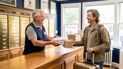 A traveler at Mailbox Plus in Concord Township reviewing a bundle of forwarded mail held behind the counter, while a staff member prepares a package to be shipped to the traveler current location