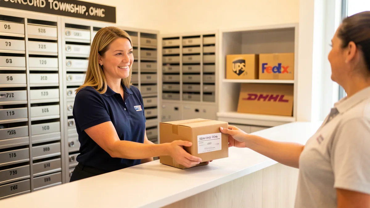A person signing for a FedEx package at the counter at Mailbox Plus in Concord Township, Ohio, a real street-address mailbox service that accepts packages from every carrier