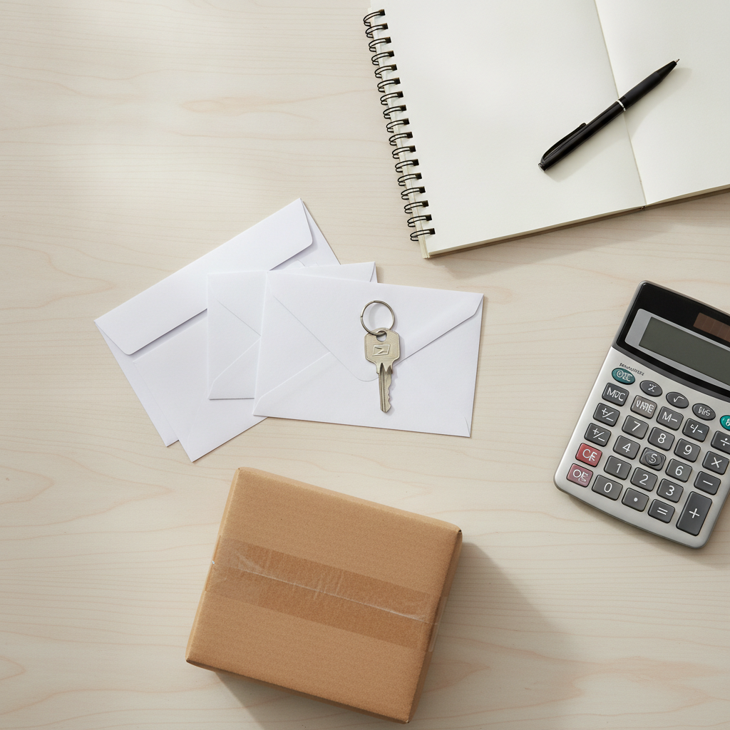 A simple price comparison of mailbox options — a post office box, a store mailbox, and a private mailbox — with monthly price tags and a calculator on a clean desk — Mailbox Plus mailbox rentals in Concord Township, OH.