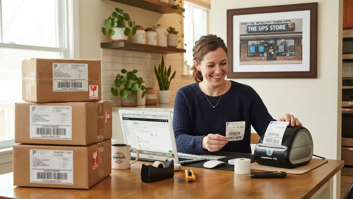 A seller at a kitchen table peeling a shipping label off a printer, with the return address on the label visibly blurred and a private mailbox storefront in the background — Mailbox Plus mailbox rentals serving Lake County, OH.