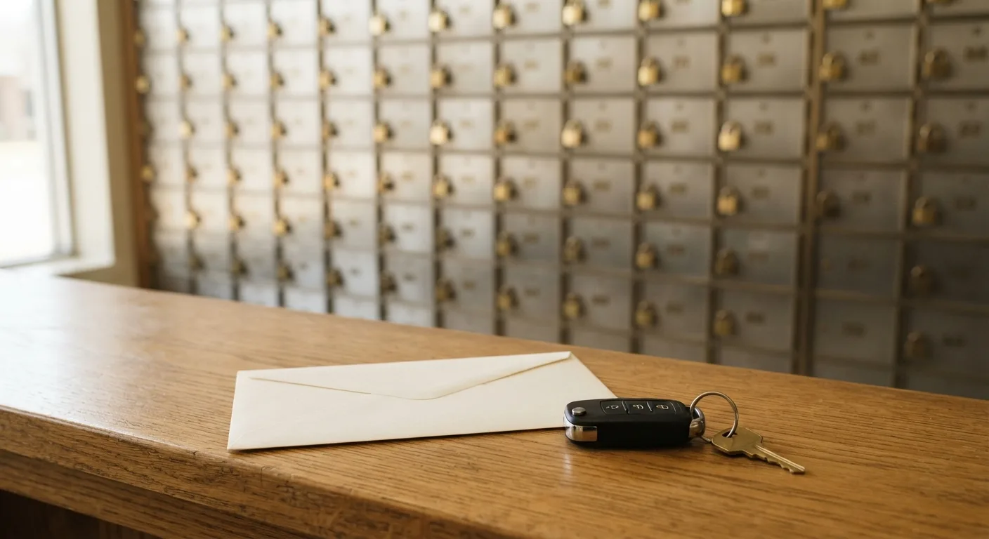 A wall of numbered private mailbox doors with brass locks at a mail counter